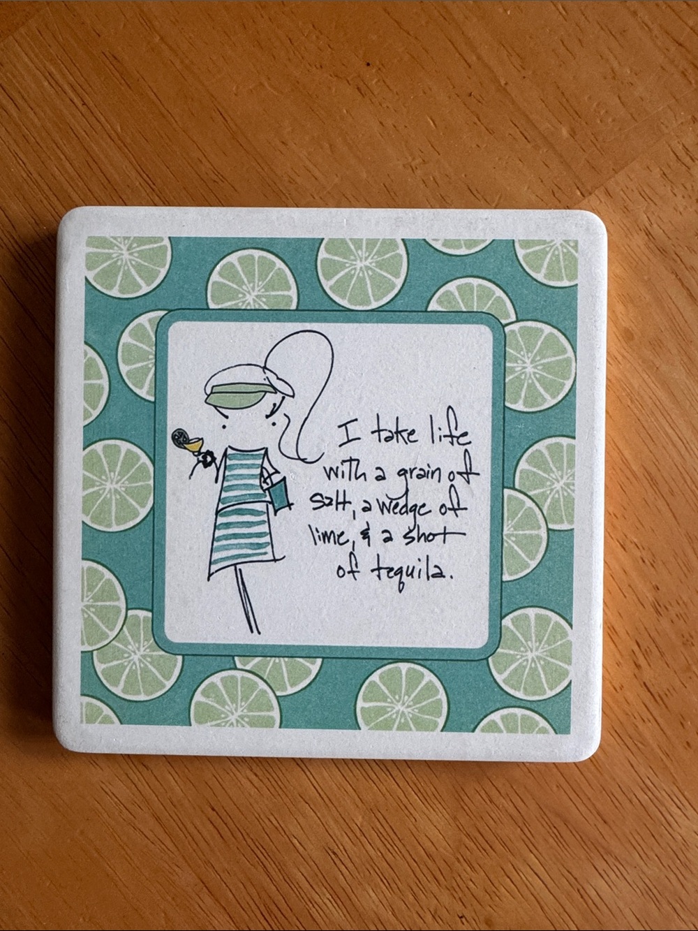 Lime Pattern Ceramic Tile Coaster with Tequila Cocktail Illustration